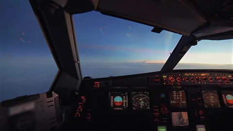 Cockpit Avionics and Flight Instruments During Sunset Timelapse Stock Footage 345530663