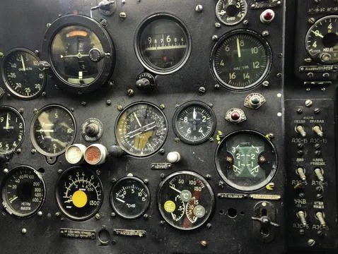 The cockpit control panel of the old plane close up.Detail of an old airplane Stock Photos