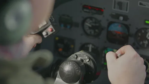 Cockpit flight controls in action during airplane steering demonstration Stock Footage 288243554