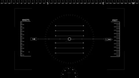 Cockpit navigation gauge overlay white flight scales, radar center, compass rule Stock Footage 340567741