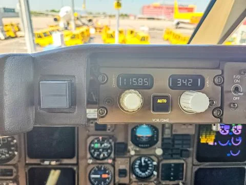Cockpit pilot Flight Deck display. Throttle jet cabin with control panel plane. Stock Photos
