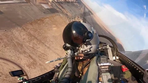 From the cockpit U.S. Air Force F-16 Aggressor banking right after take off Stock Footage 281154802