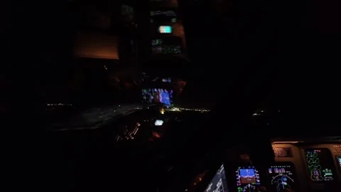 Cockpit View During a Real Time Night Approach to the Runway in the Middle of a Stock Footage 322570089