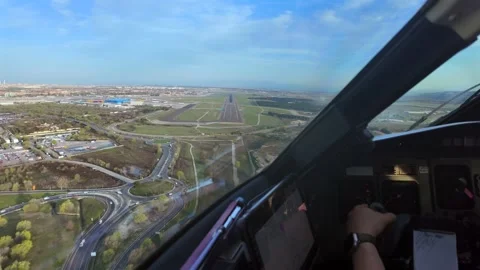 Cockpit View: Pilot’s Hand Flying Manually the Flight Controls in a Real Time Stock Footage 332664489