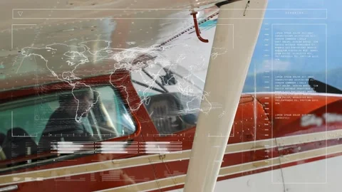 Cockpit view showing world map fading in telemetry bars sliding data stacking Stock Footage 317229157