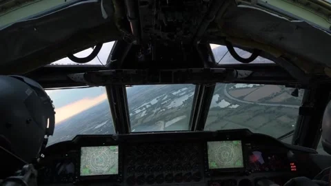 Cockpit view of U.S. Air Force pilots flying B-52 Stratofortress aircraft Stock Footage 213580462