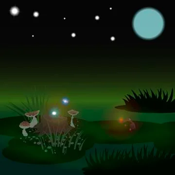 A cockroach and a firefly found a star falling from the sky in a swamp. vecto Stock Illustration