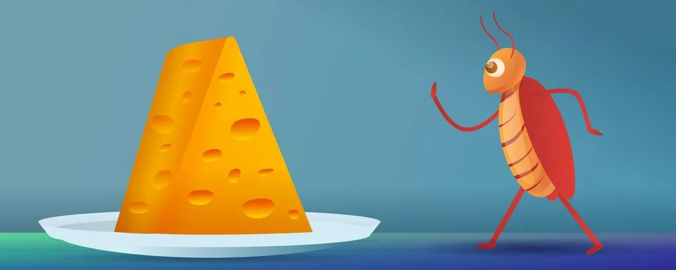 Cockroach going to cheese piece concept banner, cartoon style Stock Illustration