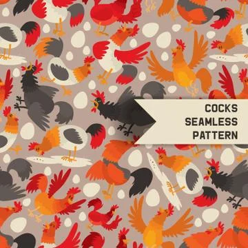 Cocks seamless pattern on grey background. Cartoon character roosters eating Illustrazione stock