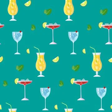 Cocktail and mint pattern on a green background Stock Illustration