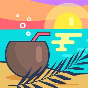 Cocktail and Sunset Beach Vector Illustration Stock Illustration
