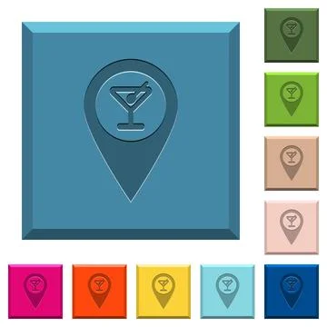 Cocktail bar GPS map location engraved icons on edged square buttons Stock Illustration