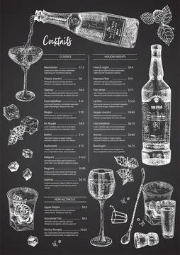 Cocktail bar menu design template set in retro style Isolated on on black cha Illustrazione stock