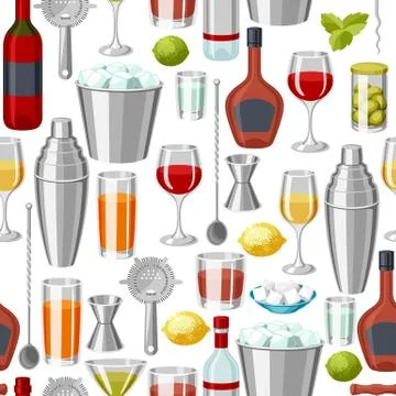 Cocktail bar seamless pattern. Essential tools, glassware, mixers and garnishes. Stock Illustration
