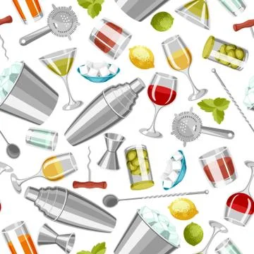 Cocktail bar seamless pattern. Essential tools, glassware, mixers and garnishes. Illustrazione stock
