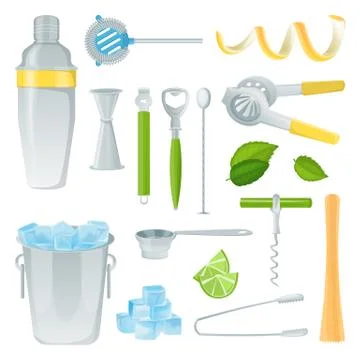 Cocktail bar tools. Vector cartoon illustration. Bartender equipment and inst Stock Illustration