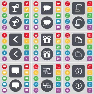 Cocktail, Chat cloud, Scroll, Arrow left, Gift, Survey, Chat bubble, Connection, Stock Illustration