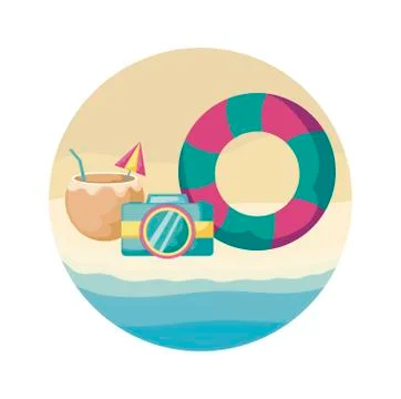 Cocktail of coconut with camera and float in beach Stock Illustration