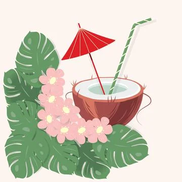 Cocktail in a coconut shell with an umbrella and straw in trendy hues with Stock Illustration