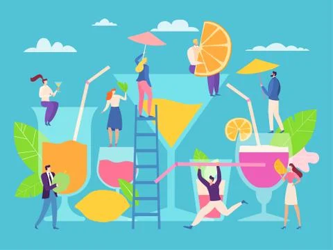 Cocktail concept, tiny people make summer drink, vector illustration. Cartoon Ilustración de archivo