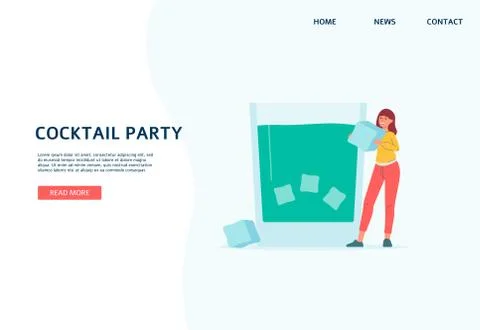 Cocktail drink with ice cubes - website banner template with cartoon woman Stock Illustration