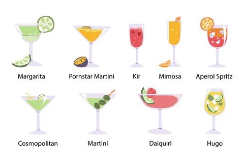 Cocktail Drinks Set in Flat Cartoon Style for Celebrations Stock Illustration