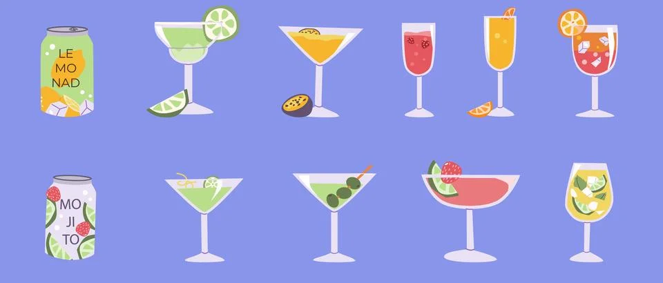 Cocktail Drinks Set in Flat Style for Summer Events Stock Illustration