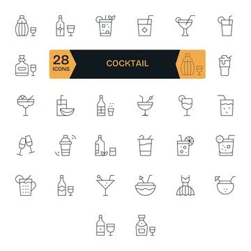 Cocktail featuring 32 256x256 Vector Icons in Thin Line Design Illustrazione stock