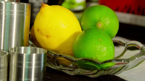Cocktail fruit behind bar in dish Stock Footage 35193015