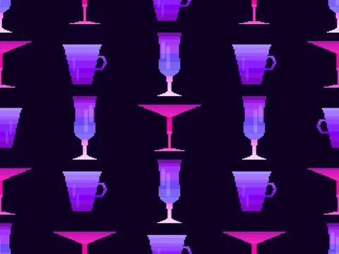 Cocktail glass seamless pattern. Martini glass pixel art. 8 bit graphic Illustrazione stock