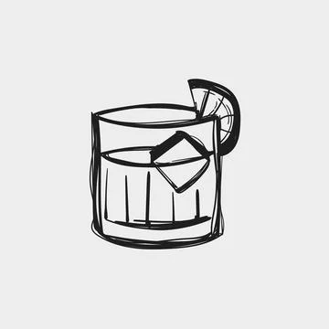 Cocktail with ice and lemon slice sits on a flat surface in a simple settin.. Stock Illustration