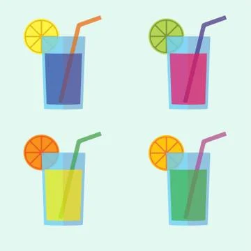 Cocktail icon set in flat design. Colorful glass collection with lemon and straw Stock Illustration