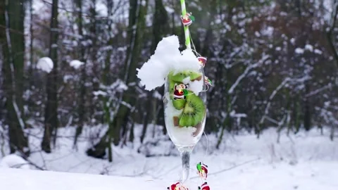 Cocktail with kiwi and snow in cold winter Stock Footage 259484053