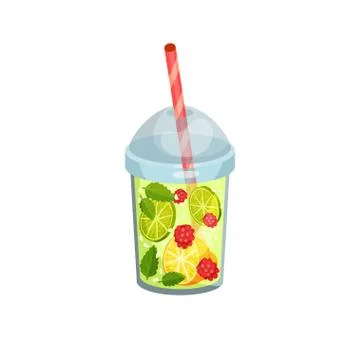 Cocktail with lemon, lime, raspberry, mint in glass. Stock Illustration