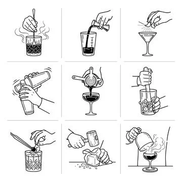 Cocktail making illustrations, bartender preparing drinks, mixology icons, .. Stock Illustration