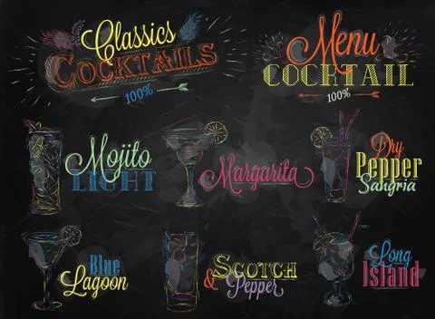 Cocktail menu colored chalk Illustrazione stock