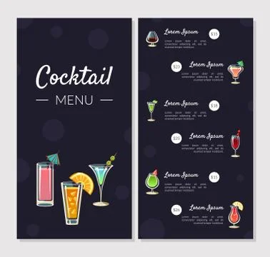 Cocktail Menu Template, Alcoholic Bar Menu with Different Types of Cocktails and Stockillustratie