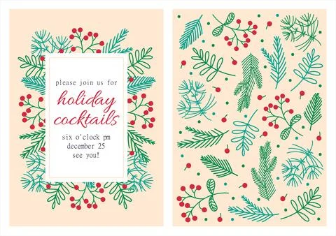 Cocktail party invitation vector template. Hand-drawn floral frame Stock Illustration