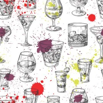 Cocktail party vector seamless pattern with hand drawn drinks and splashes イラスト素材