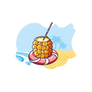 Cocktail of pineapple with float in the beach Stock Illustration