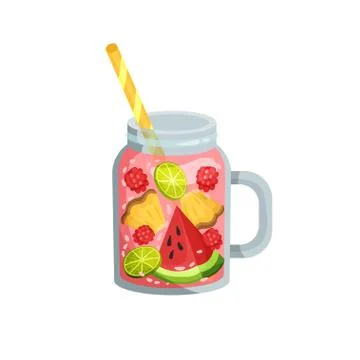 Cocktail with pineapple, watermelon, lime, raspberry in glass. イラスト素材