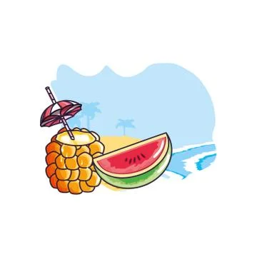 Cocktail of pineapple with watermelon slice in the beach 스톡 일러스트