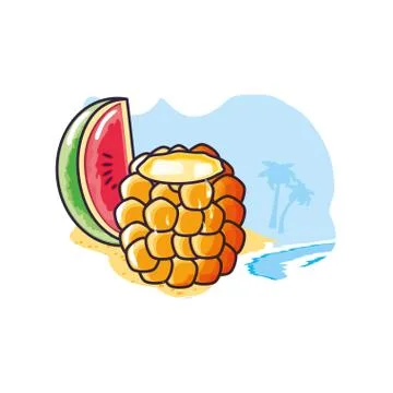 Cocktail of pineapple with watermelon slice in the beach 스톡 일러스트