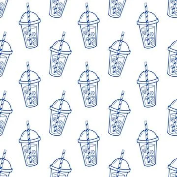 Cocktail seamless pattern blue line art doodle summer drink background for Stock-Illustration