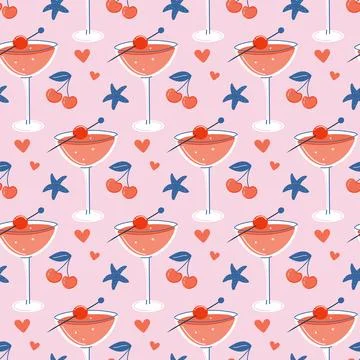 Cocktail seamless pattern. Retro background with glass of refreshing drink. Stock Illustration