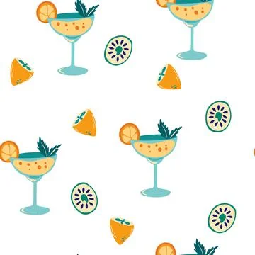 Cocktail seamless pattern. Summer background with cocktail with orange slice. 스톡 일러스트
