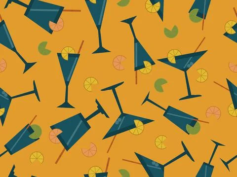 Cocktail with umbrellas seamless pattern in art deco style. Alcoholic cocktai Stock-Illustration