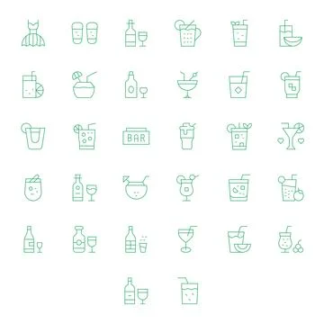 Cocktail Vector Icon Library with 32 Thin Line Retina Ready Editable Designs Stock Illustration