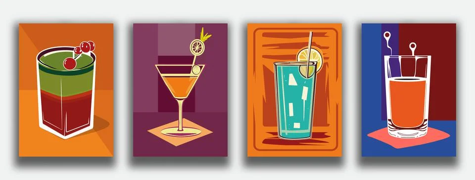 Cocktails collection. Classic and tropical alcoholic drinks, long drinking and Stock Illustration