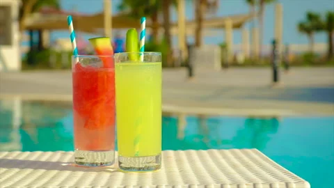 Cocktails by the pool trip. Selective focus. Stock Footage 156956237